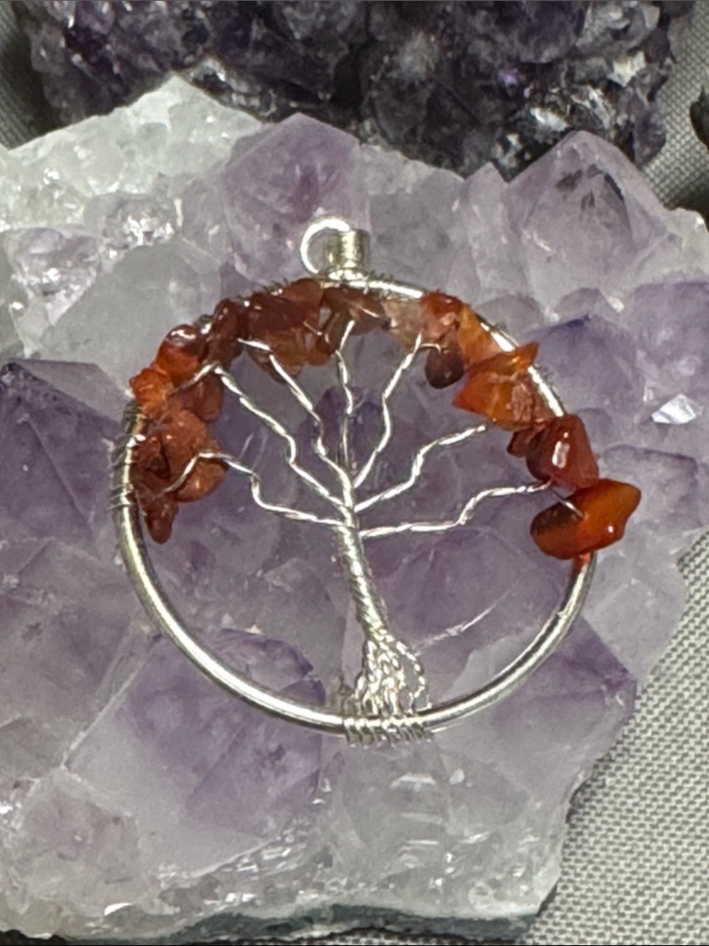 Handmade Tree of Life Pendant with Carnelian Chips - Silver Tone